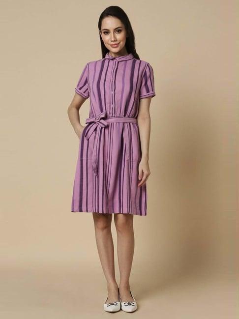 allen solly purple cotton striped a-line dress