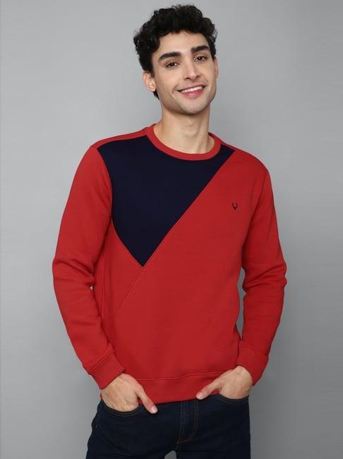 allen solly red & navy cotton regular fit colour block sweatshirt