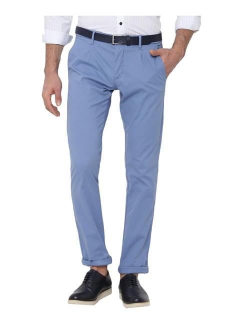 allen solly sky blue slim fit self pattern pleated trousers