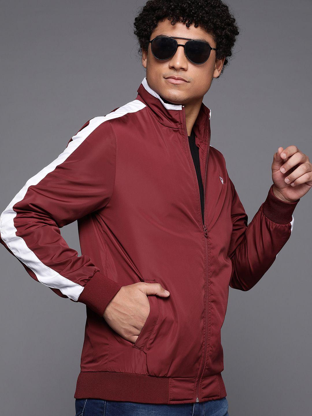 allen solly sport maroon solid mock collar stripes detail tailored jacket