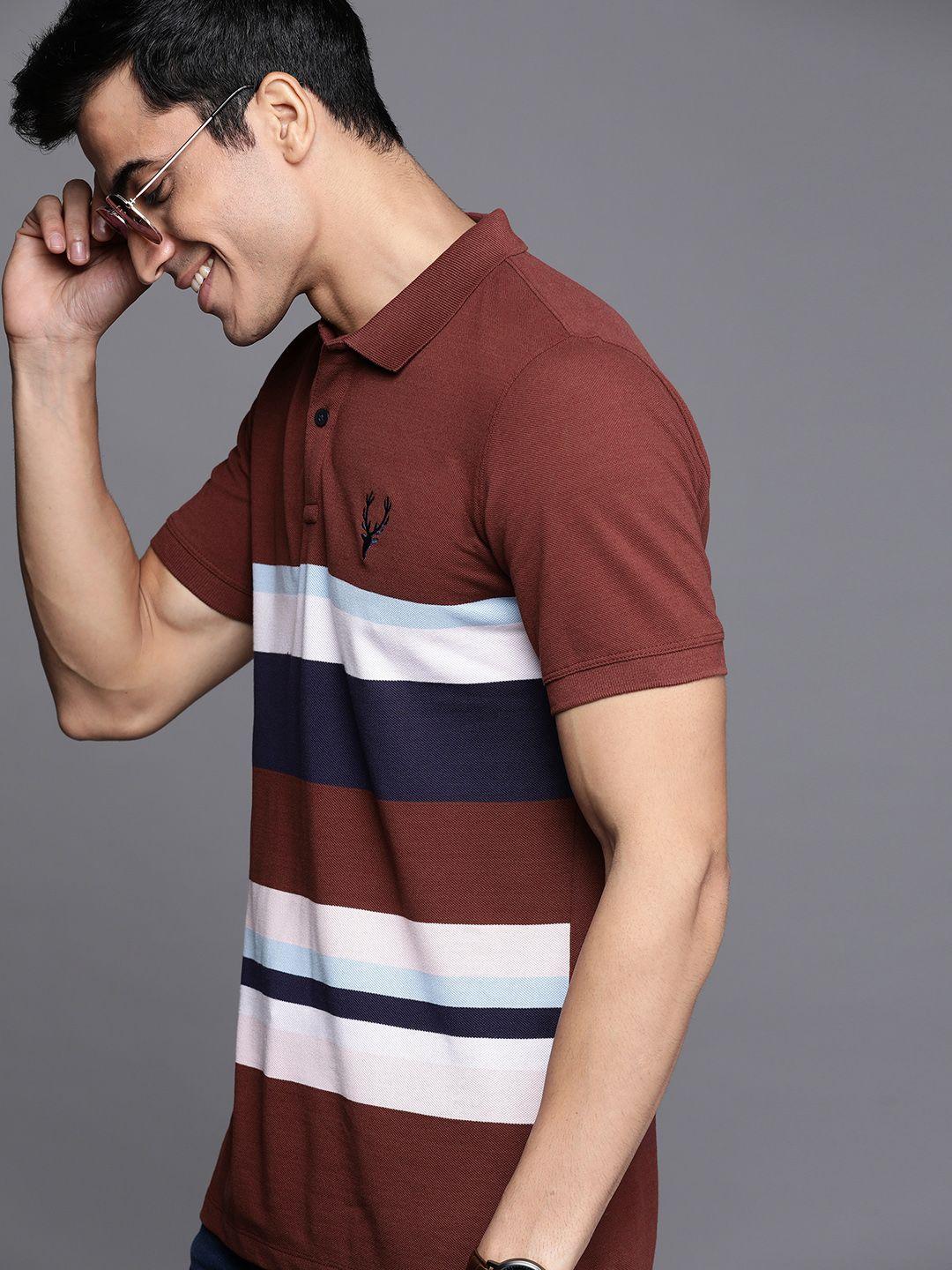 allen solly sport men maroon & navy blue striped polo collar t-shirt