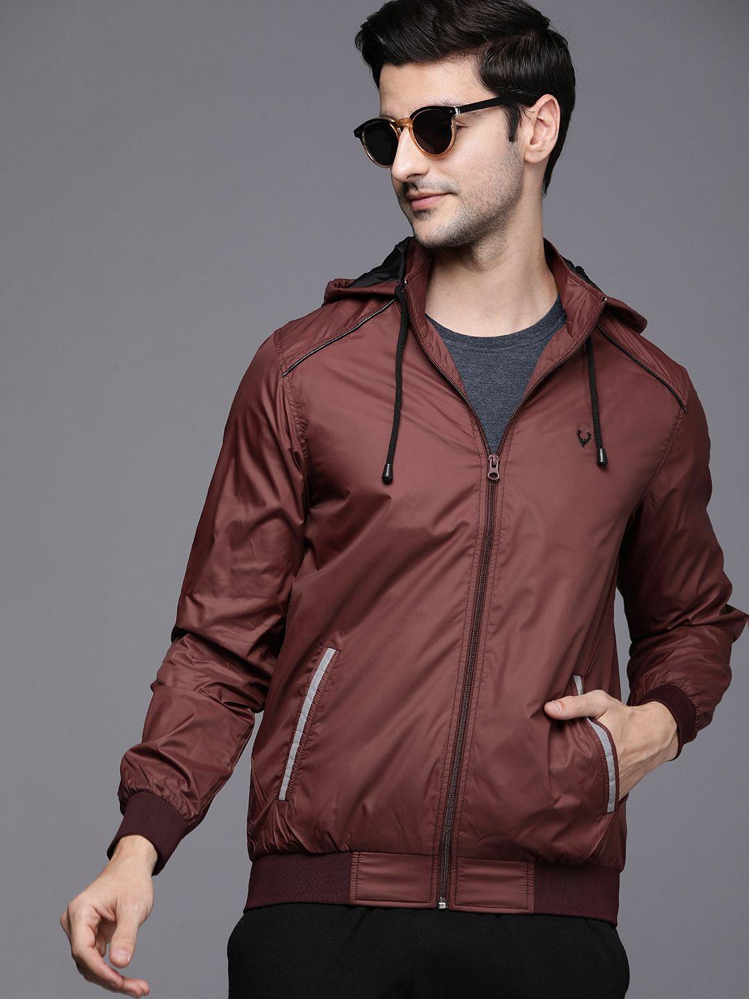 allen solly sport men maroon solid hooded bomber jacket