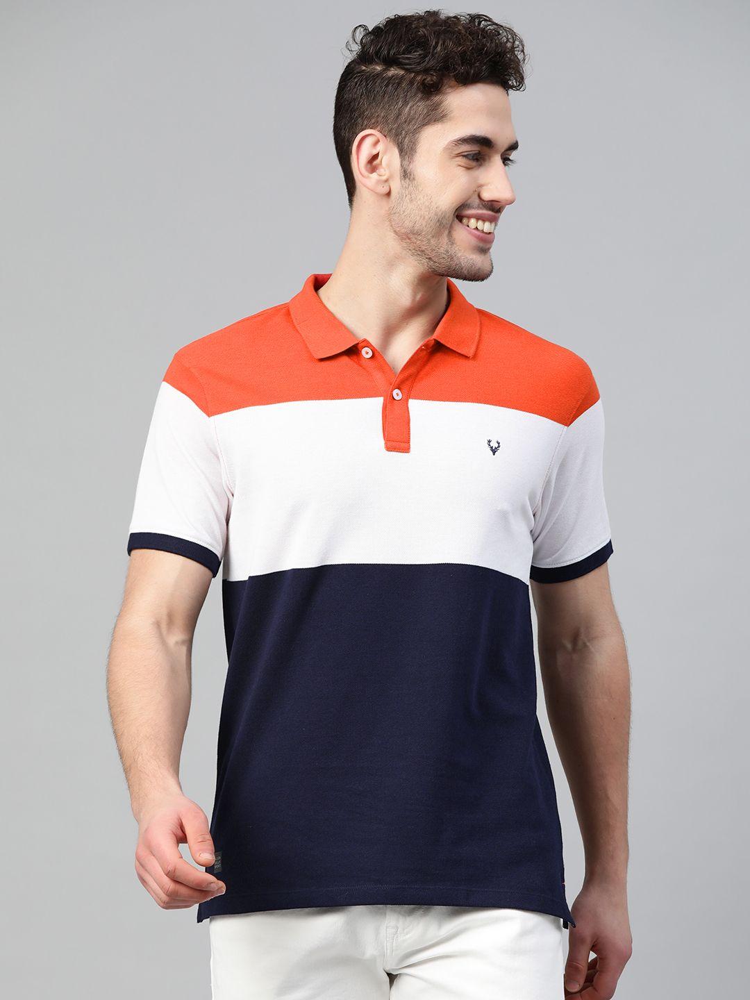 allen solly sport men navy blue & rust orange colourblocked polo collar t-shirt