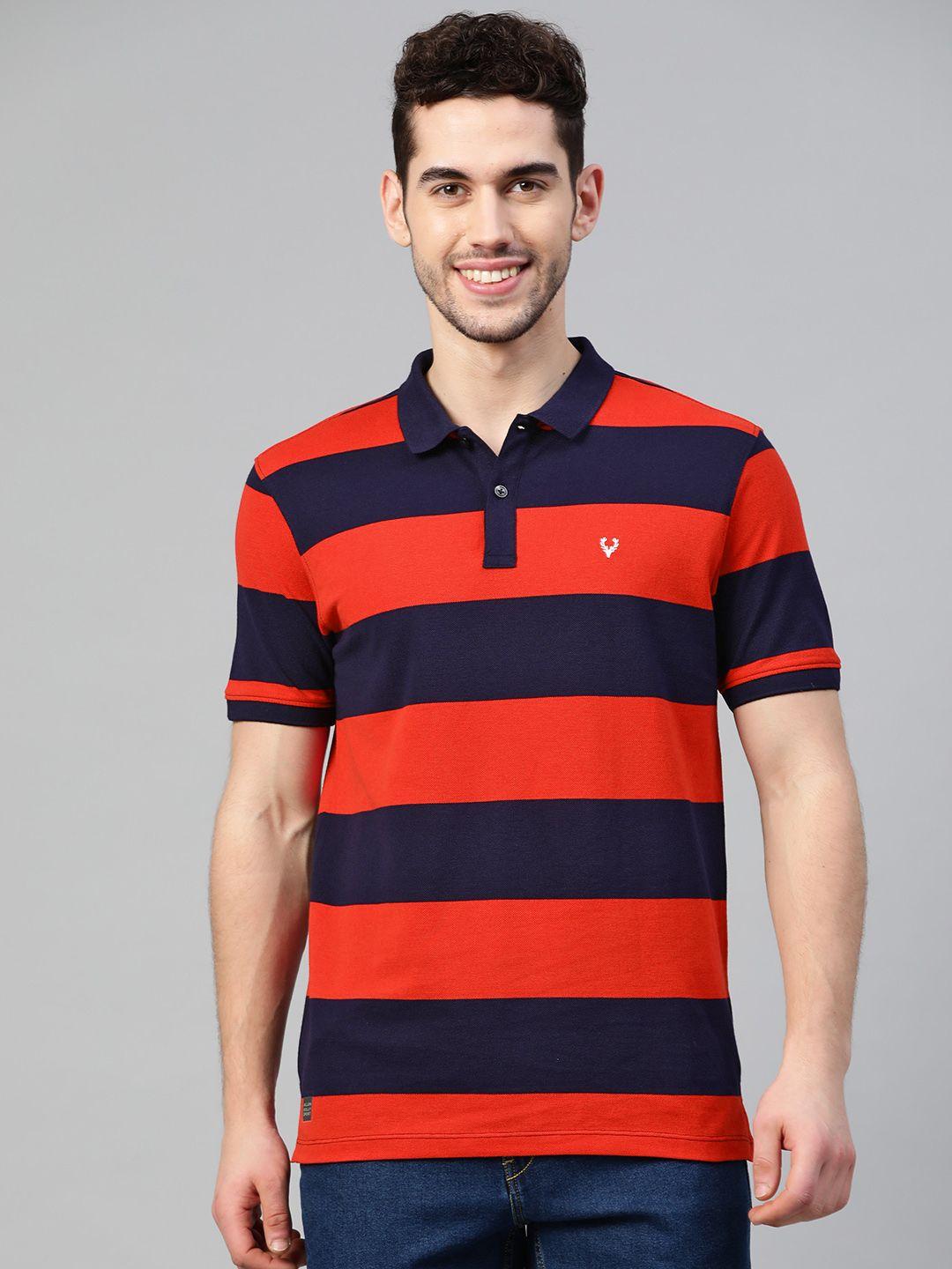 allen solly sport men red & navy blue striped polo collar t-shirt