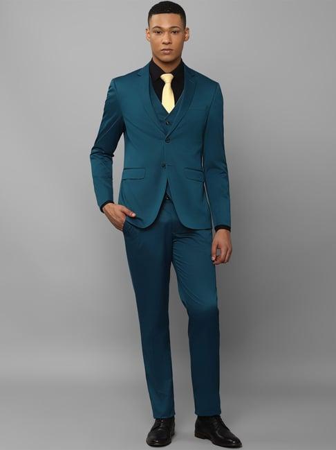 allen solly teal blue slim fit three piece suit