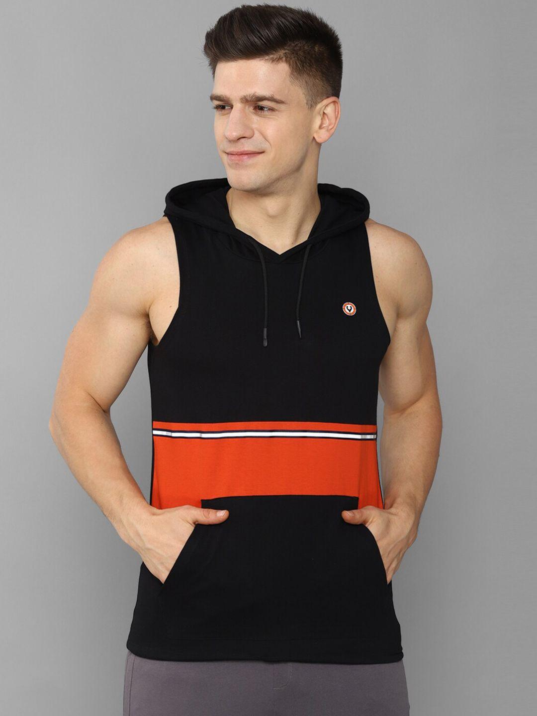 allen solly tribe men black & orange cotton hooded gym vest