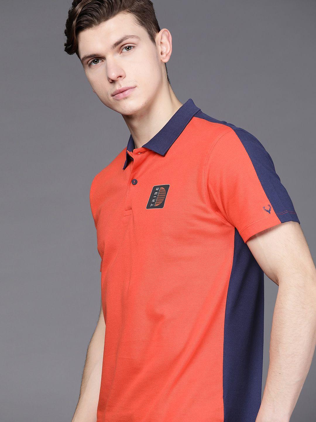 allen solly tribe men coral red & navy blue polo collar pure cotton t-shirt