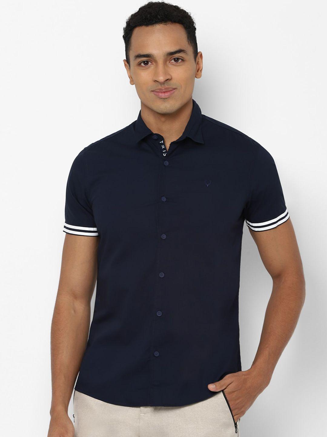 allen solly tribe men navy blue slim fit casual cotton shirt