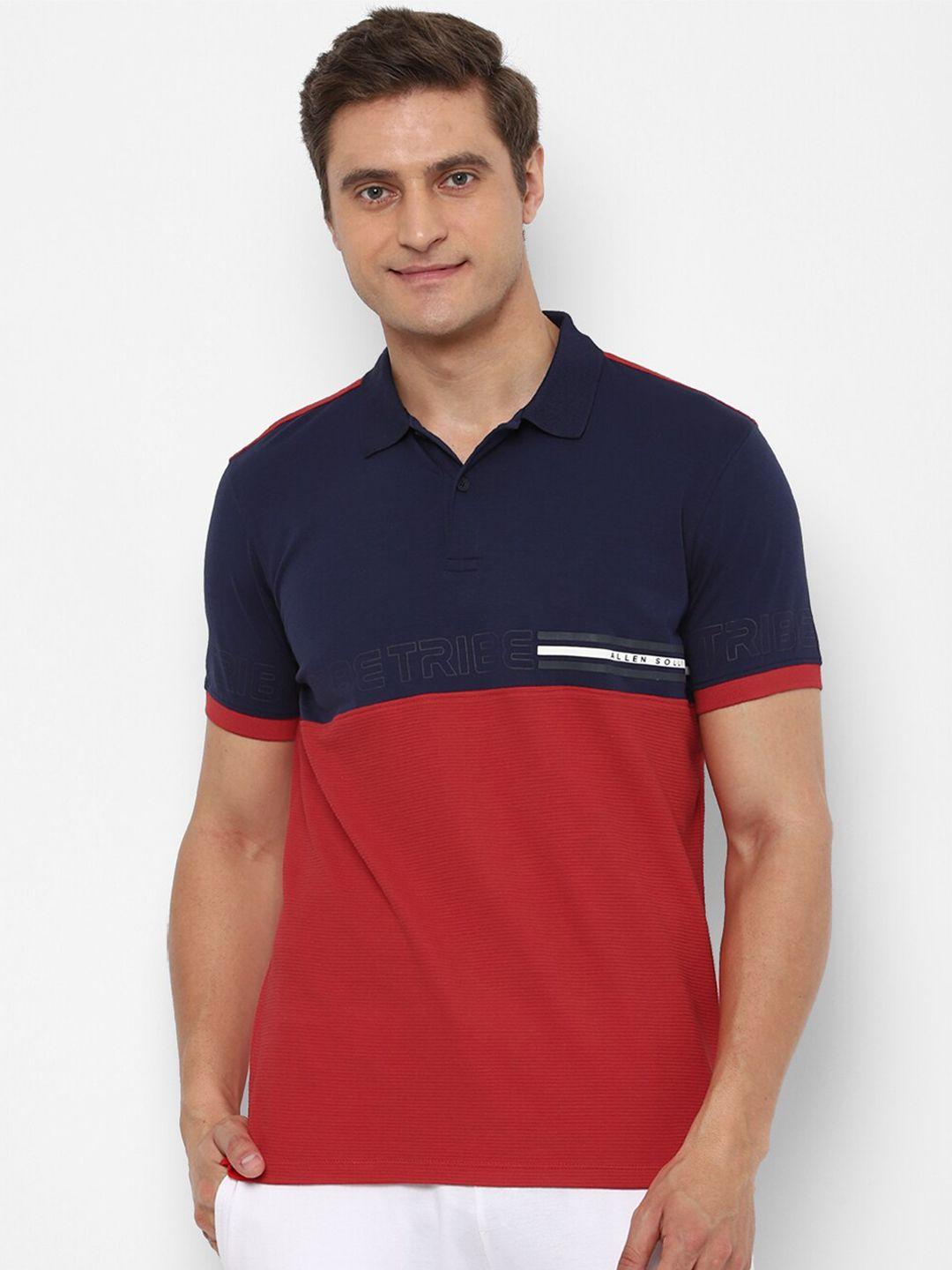 allen solly tribe men red & navy blue colourblocked polo collar cotton t-shirt