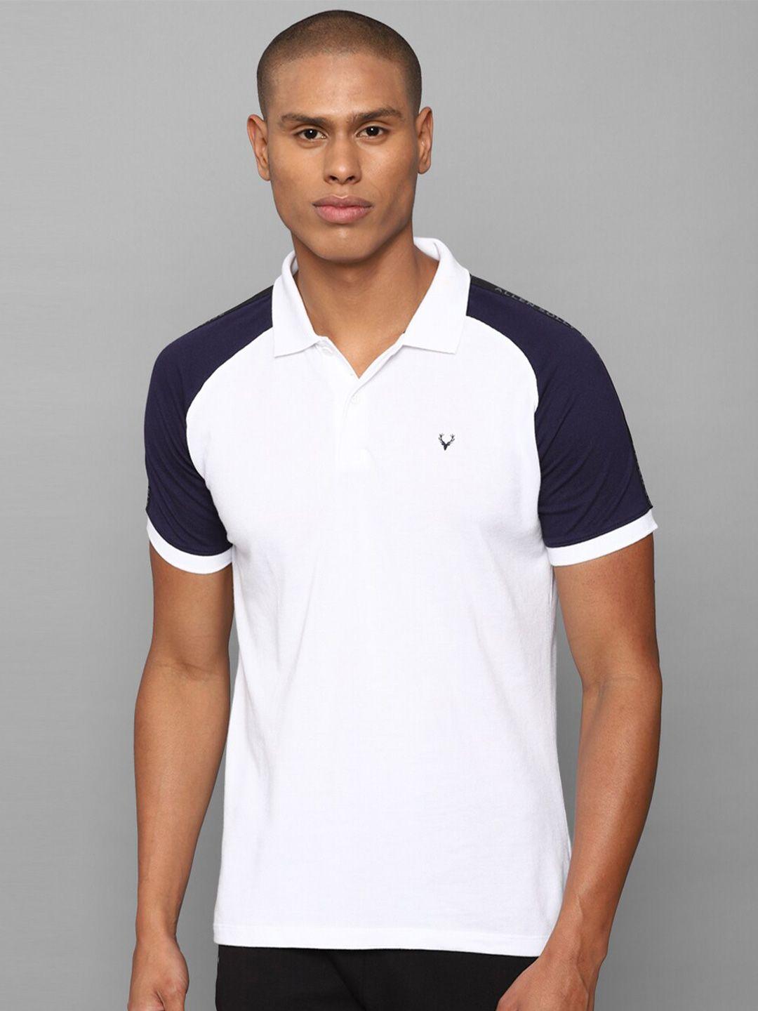 allen solly tribe men white & navy blue colourblocked polo collar pure cotton t-shirt