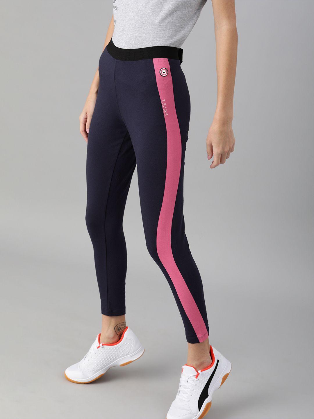 allen solly tribe women navy blue & pink  colourblocked ankle-length leggings