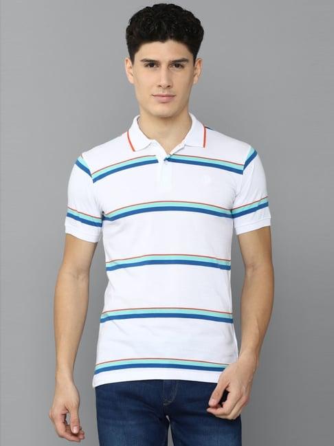 allen solly white & blue cotton regular fit striped polo t-shirt