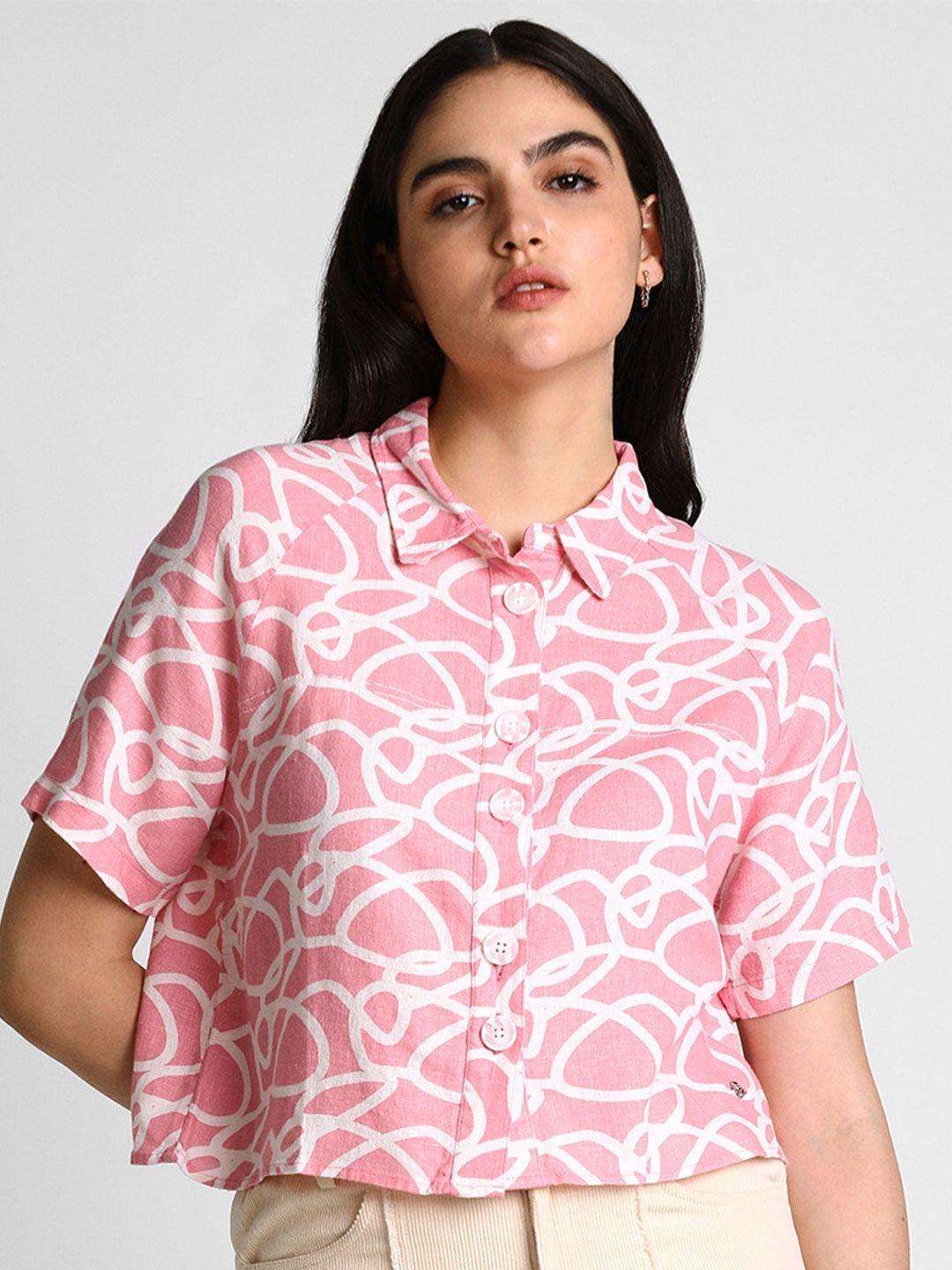 allen solly woman abstract printed raglan sleeves regular fit casual crop shirt