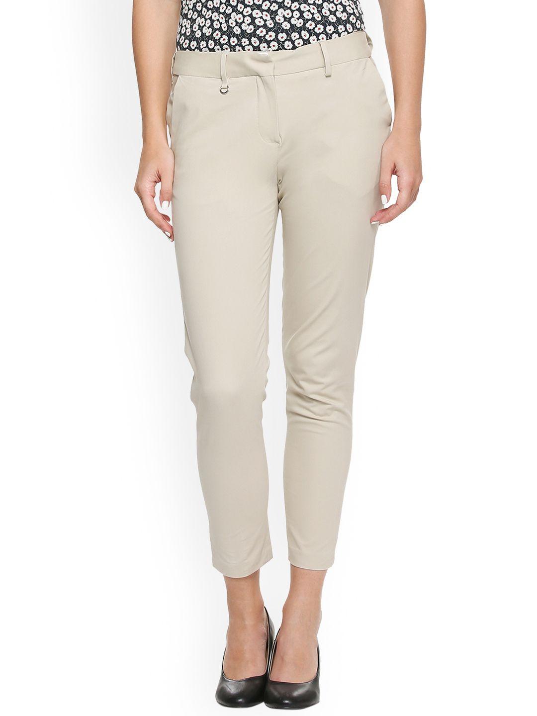 allen solly woman beige slim fit solid regular trousers