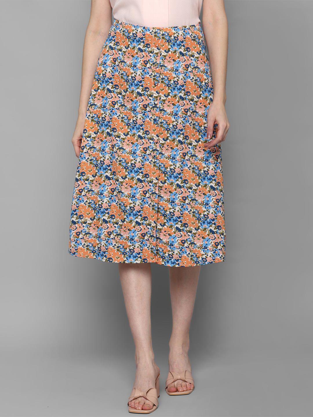 allen solly woman blue & orange printed a-line knee length skirts