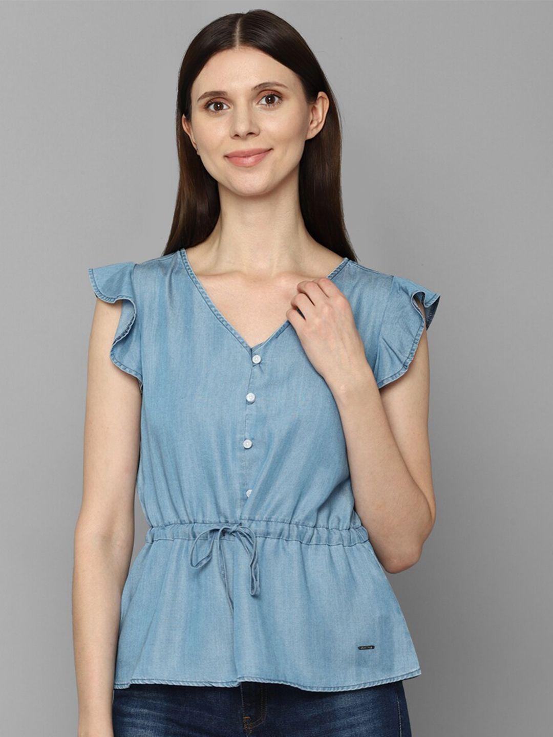allen solly woman blue solid cinched waist top