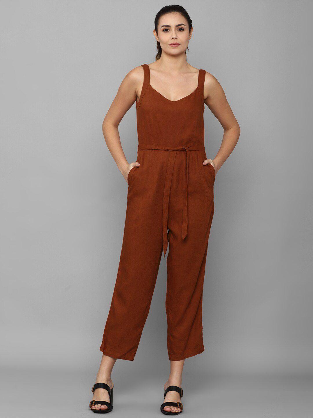 allen solly woman brown linen solid basic jumpsuit