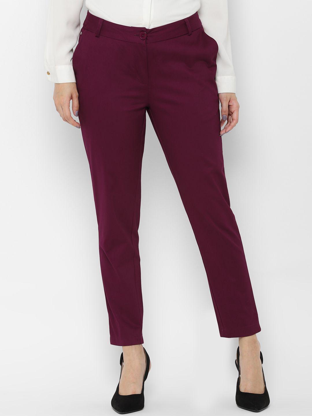allen solly woman magenta regular fit solid cigarette trousers