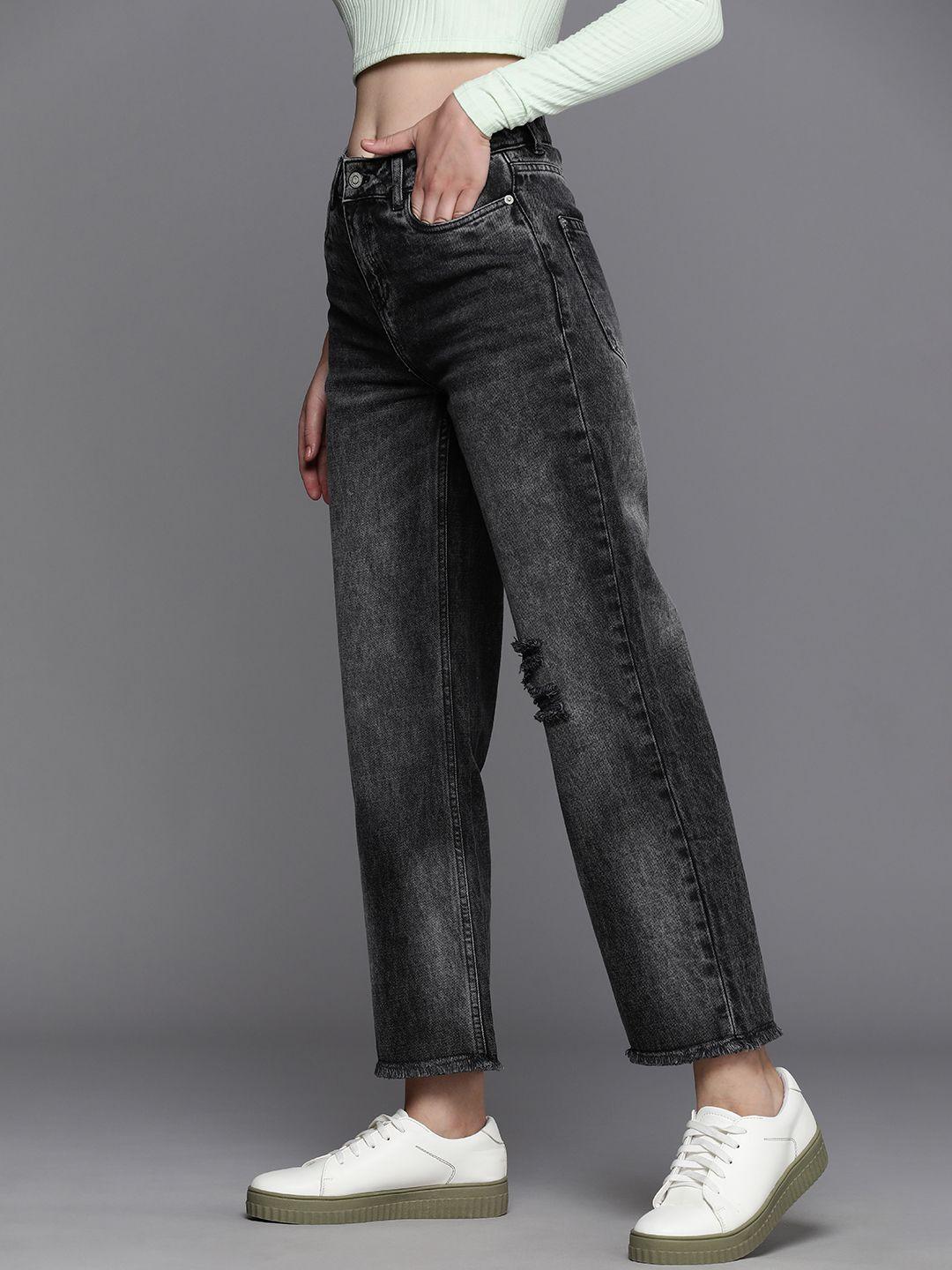 allen solly woman mid-rise low distress heavy fade stretchable cropped jeans