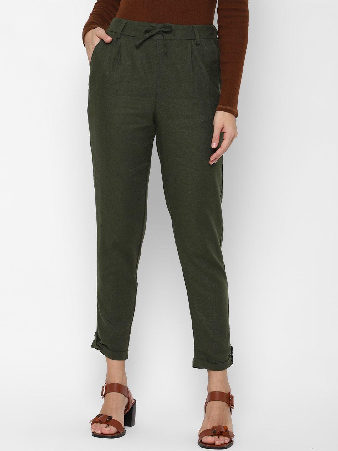 allen solly woman olive regular fit cropped peg trousers