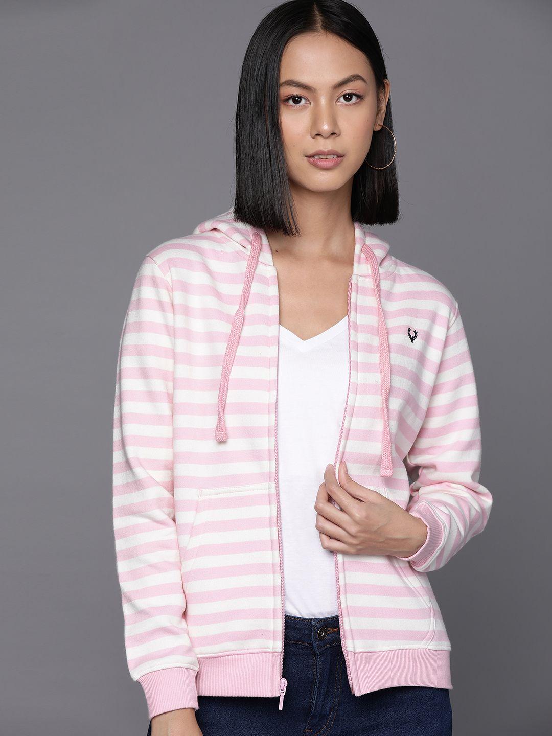 allen solly woman pink & white striped hooded sweatshirt