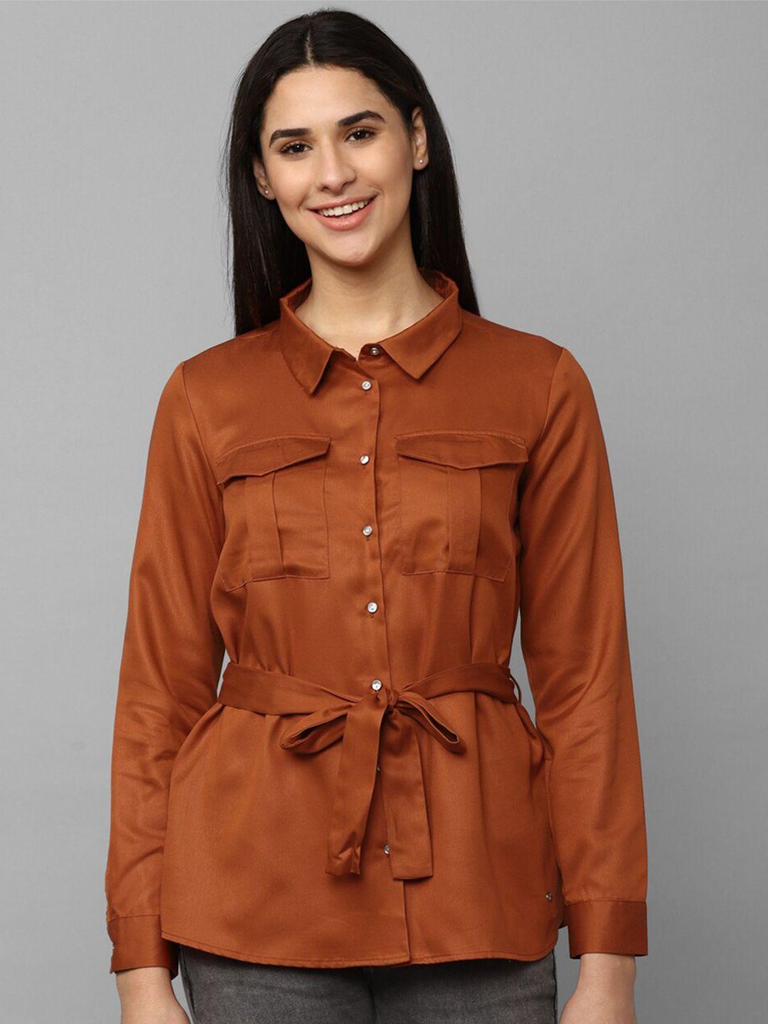 allen solly woman spread collar tie-ups detail with two flap pocket casual shirt