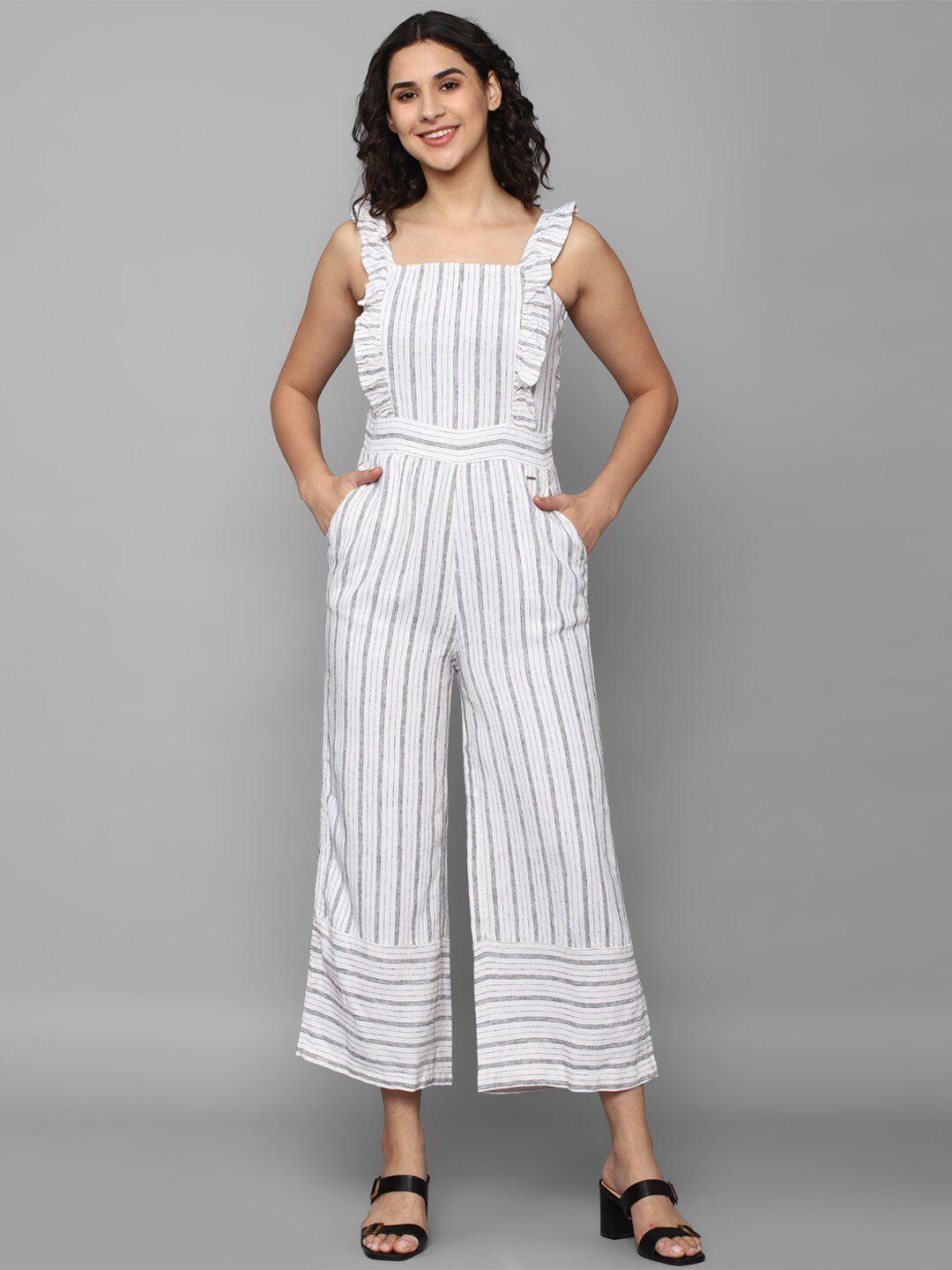allen solly woman striped linen basic jumpsuit with ruffles