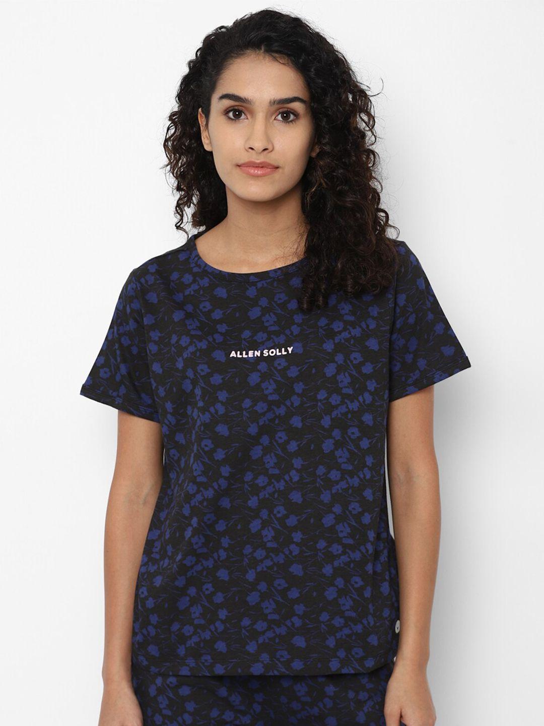 allen solly woman women black & blue printed pure cotton t-shirt