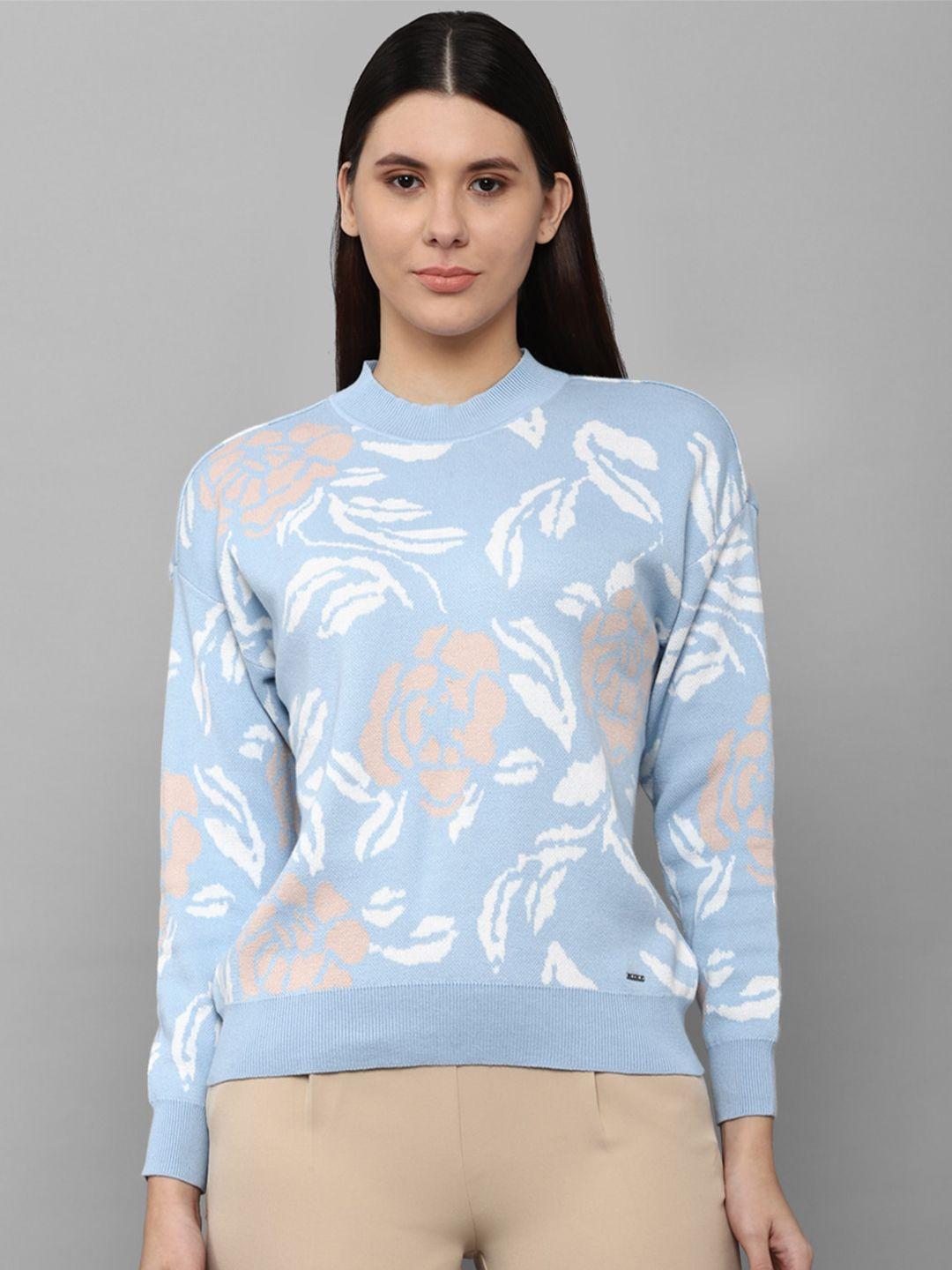 allen solly woman women blue & off white floral printed pure cotton pullover sweater