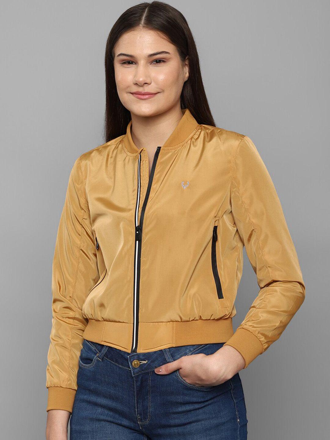 allen solly woman women khaki cotton solid crop bomber jacket