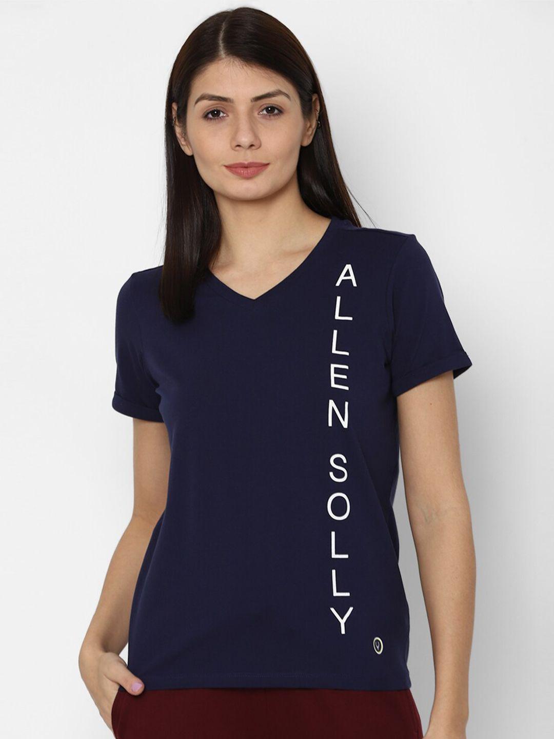 allen solly woman women navy blue brand logo printed v-neck t-shirt