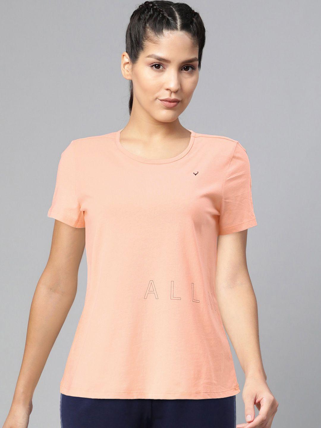 allen solly woman women peach-coloured printed round neck pure cotton t-shirt