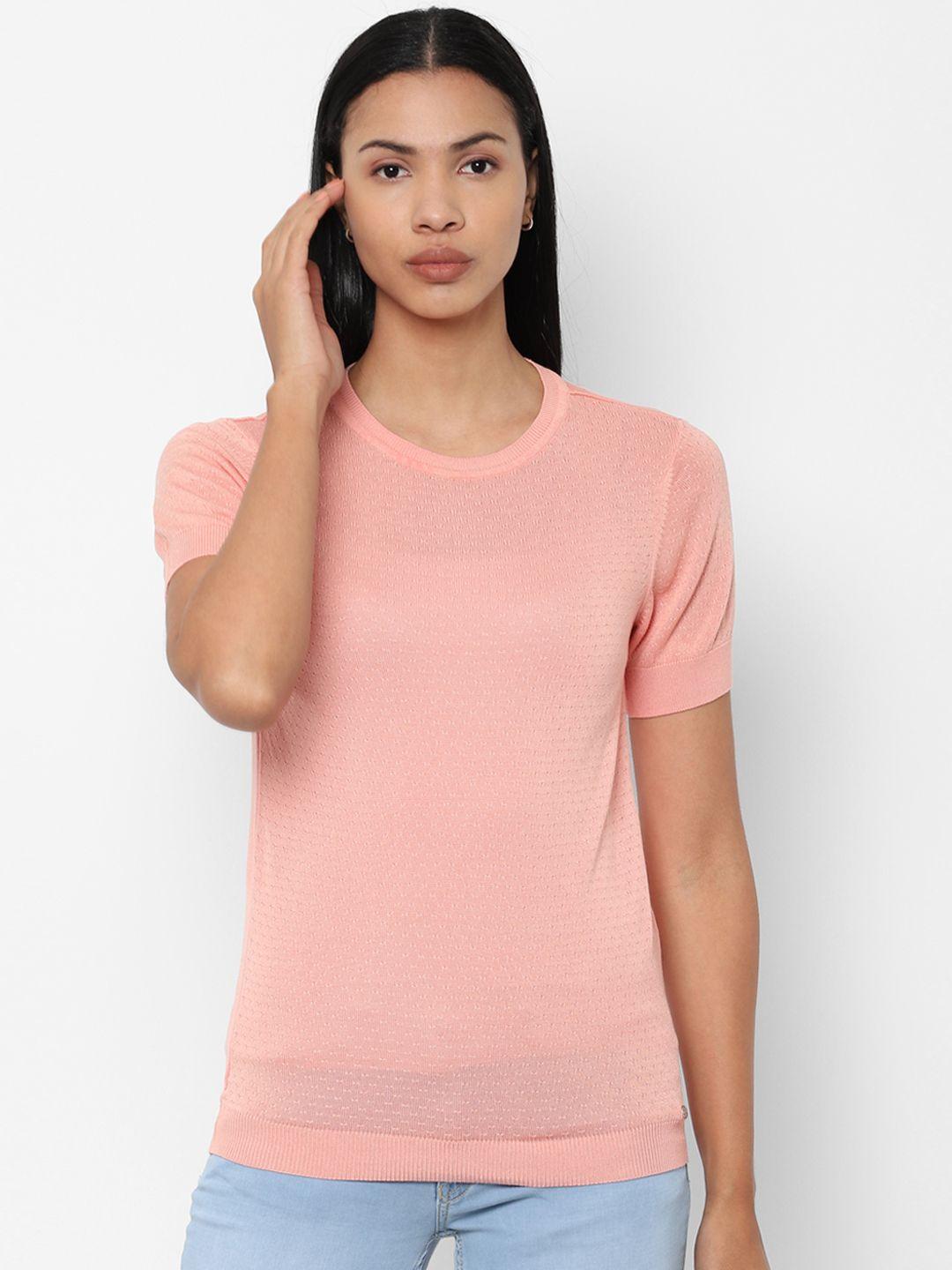 allen solly woman women peach-coloured solid round neck t-shirt