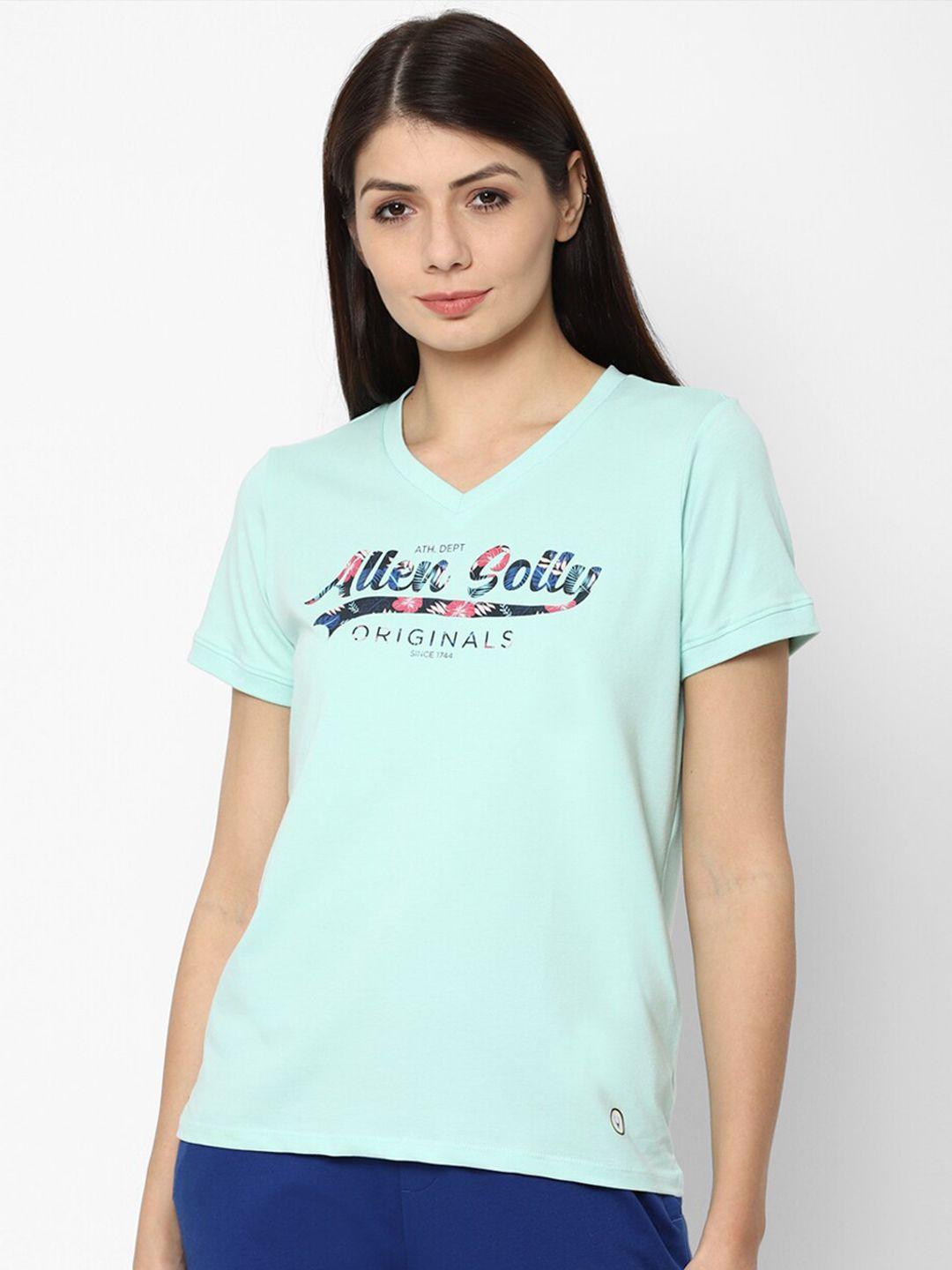 allen solly woman women turquoise blue brand logo v-neck t-shirt