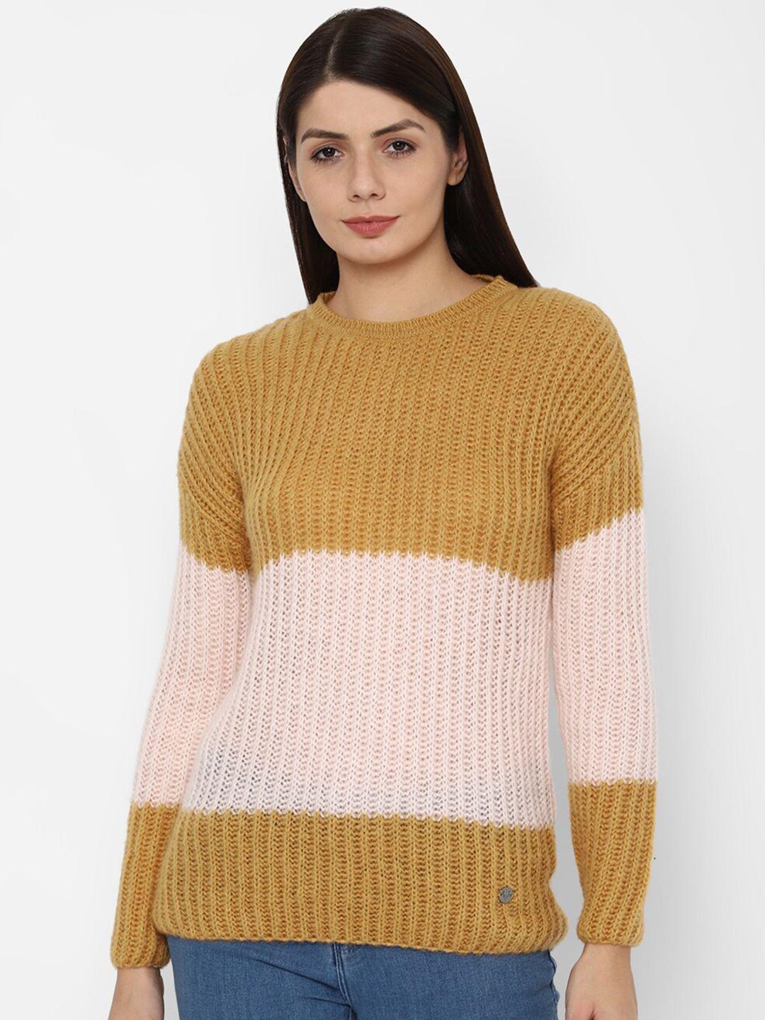 allen solly woman women yellow & pink colourblocked pullover