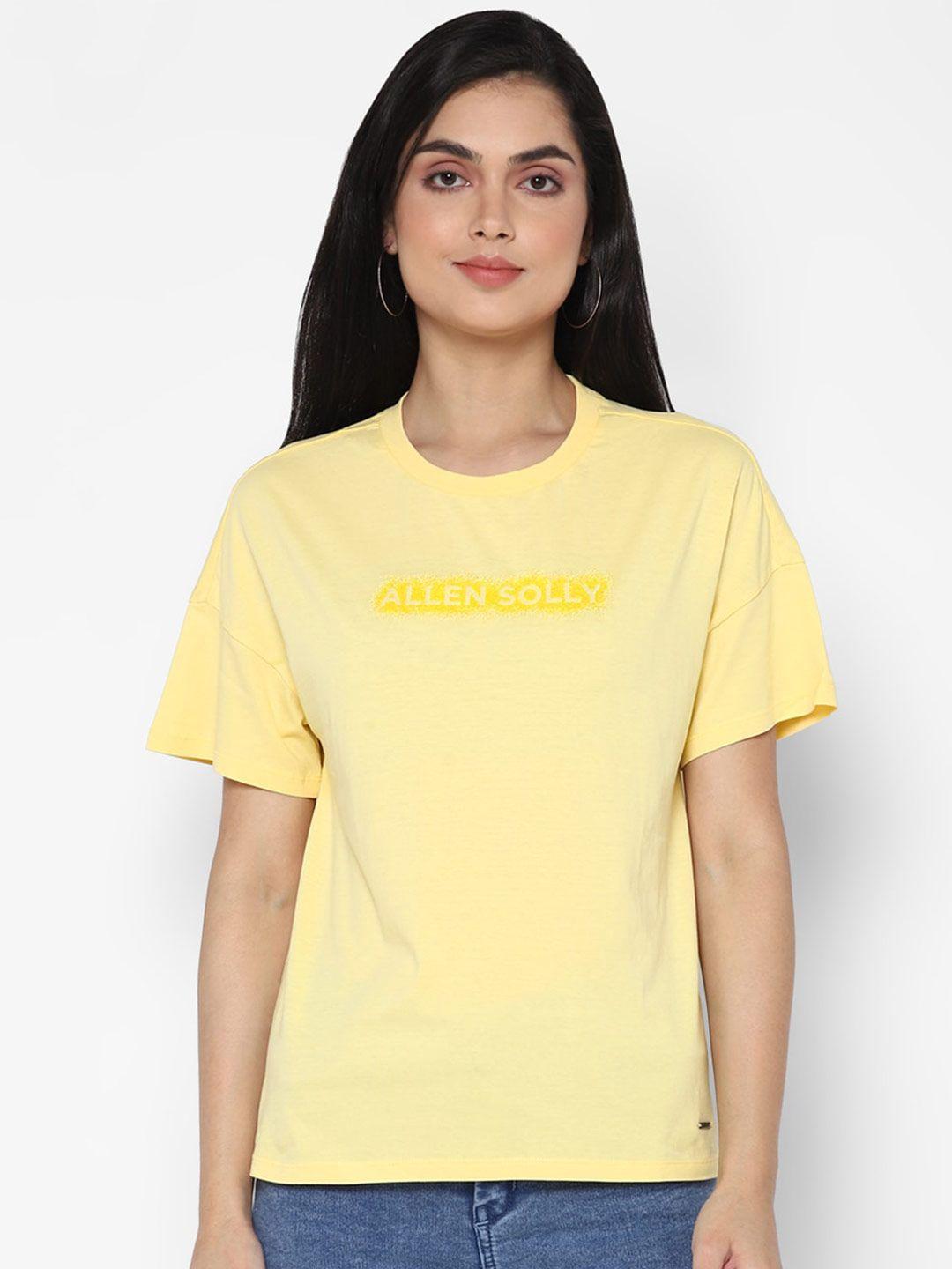 allen solly woman women yellow typography print drop-shoulder sleeves pure cotton t-shirt