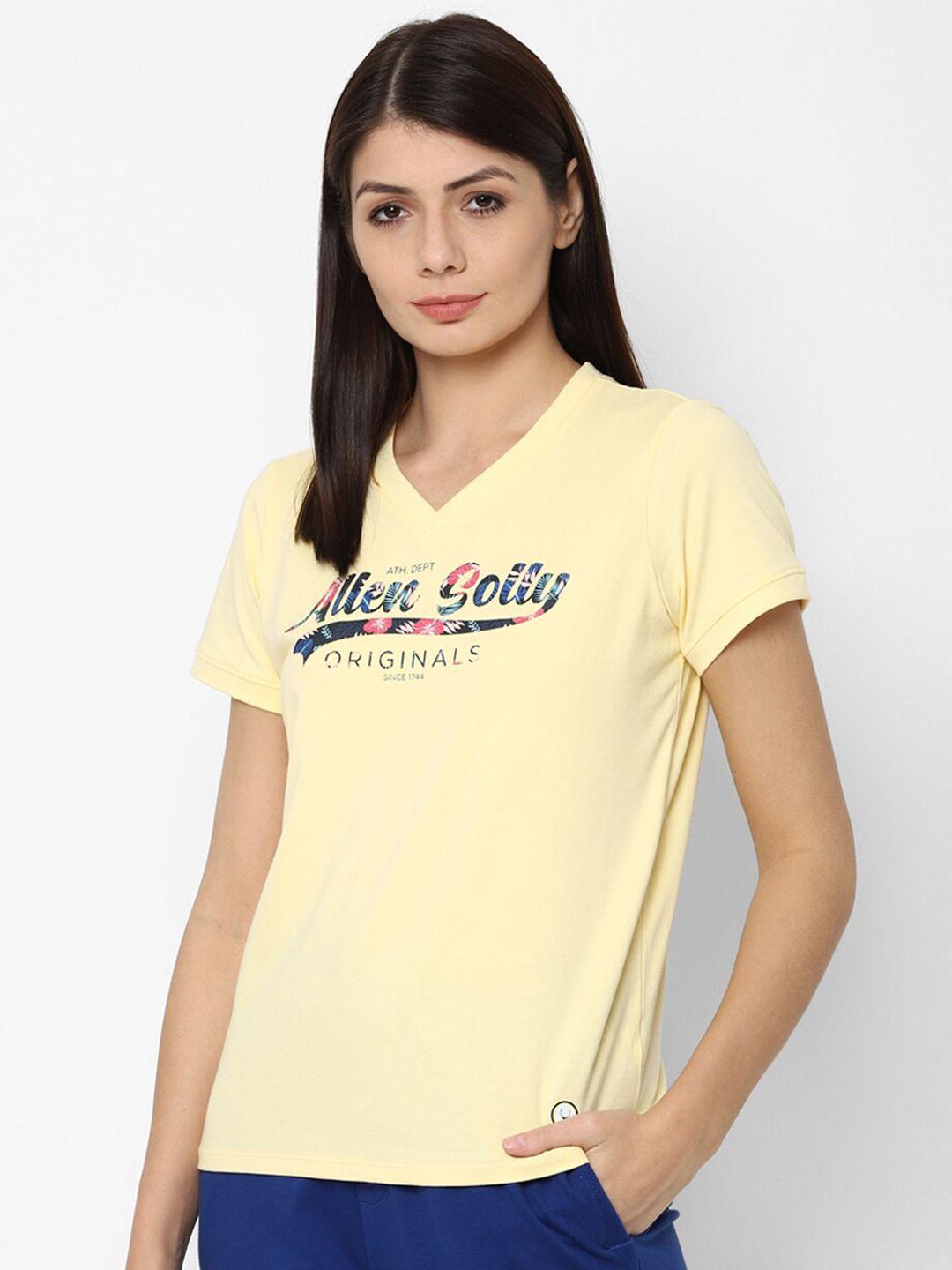 allen solly woman yellow typography v-neck t-shirt