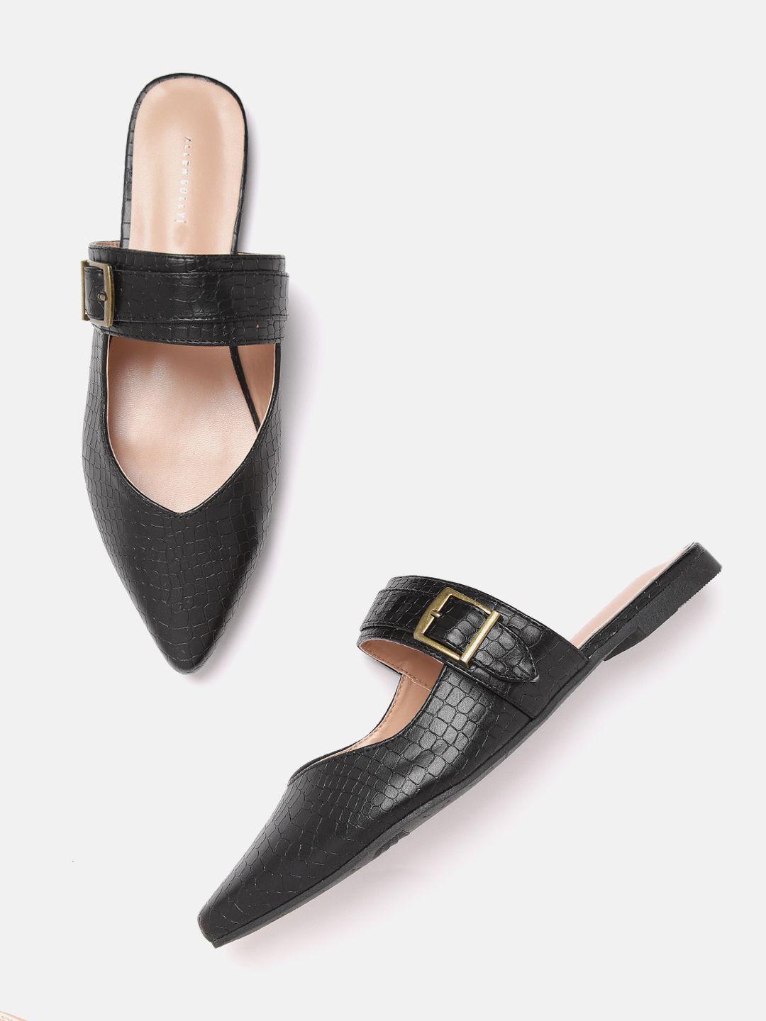 allen solly women black textured mules with buckle detail