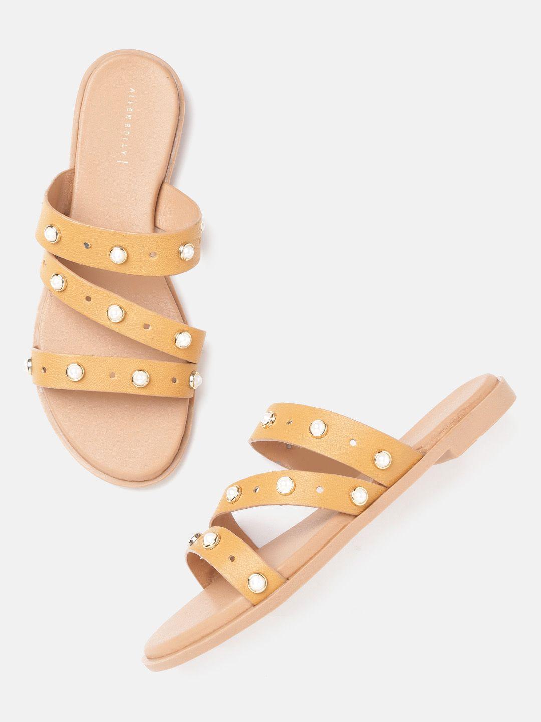 allen solly women mustard yellow & white embellished open toe flats