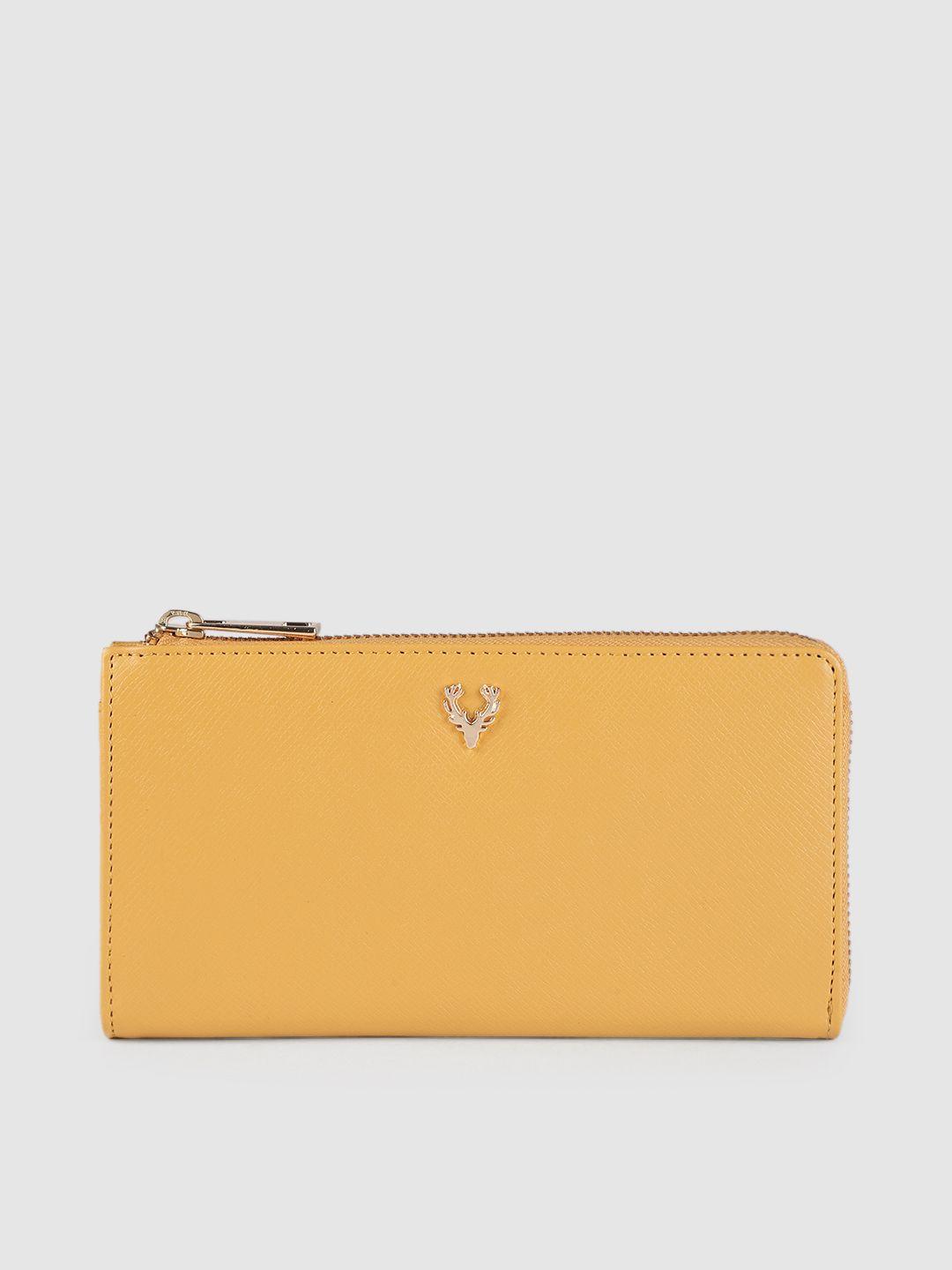 allen solly women mustard yellow textured zip around wallet