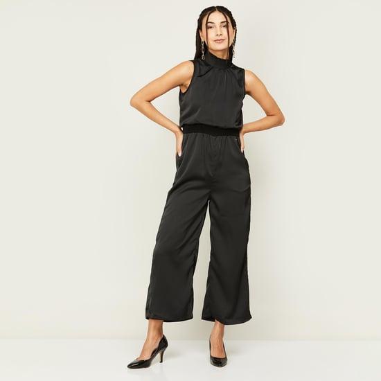 allen solly women solid halter neck cinched yoke jumpsuit