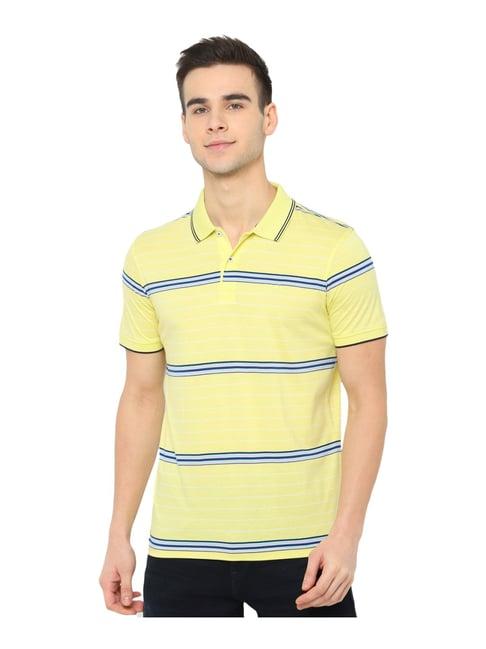 allen solly yellow & blue cotton regular fit striped polo t-shirt