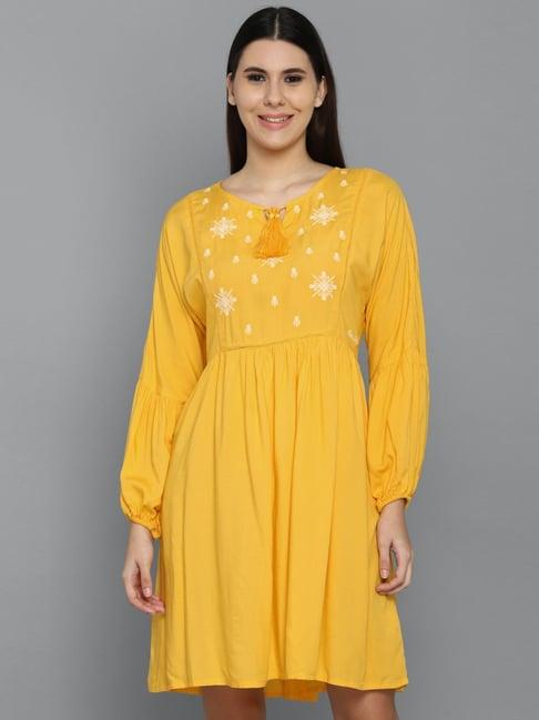 allen solly yellow cotton printed a-line dress