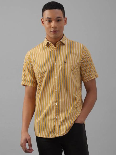 allen solly yellow cotton slim fit striped shirt