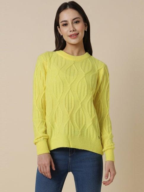 allen solly yellow crochet pattern sweater