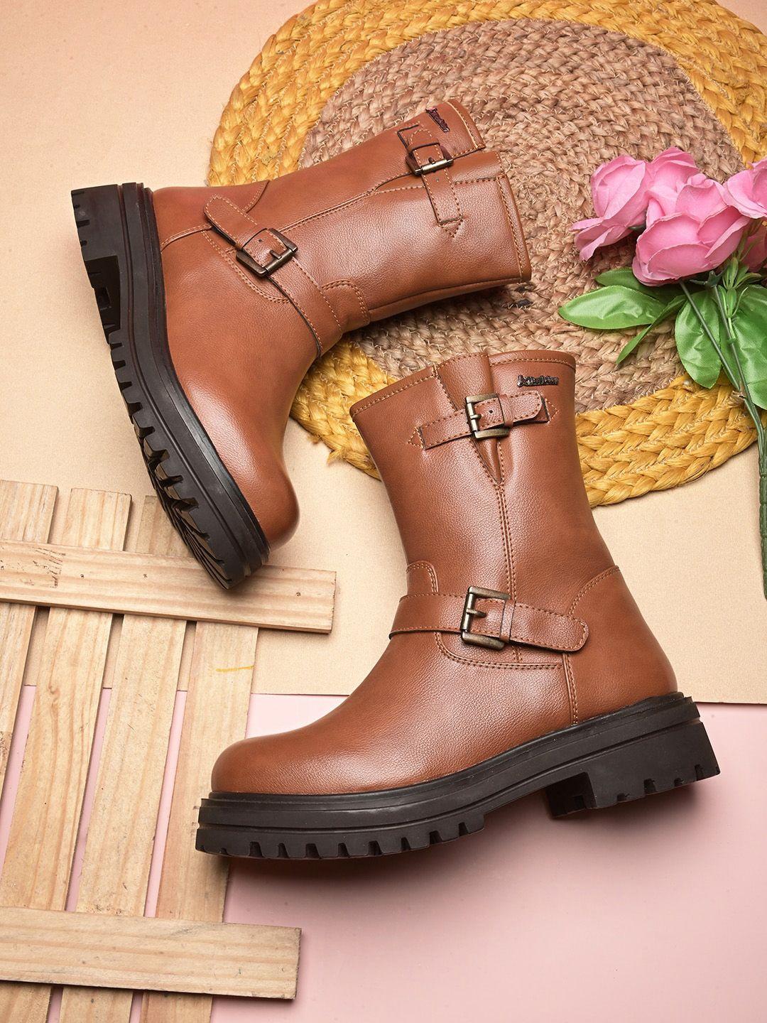 alleviater women mid top block heel regular boots with buckle detail