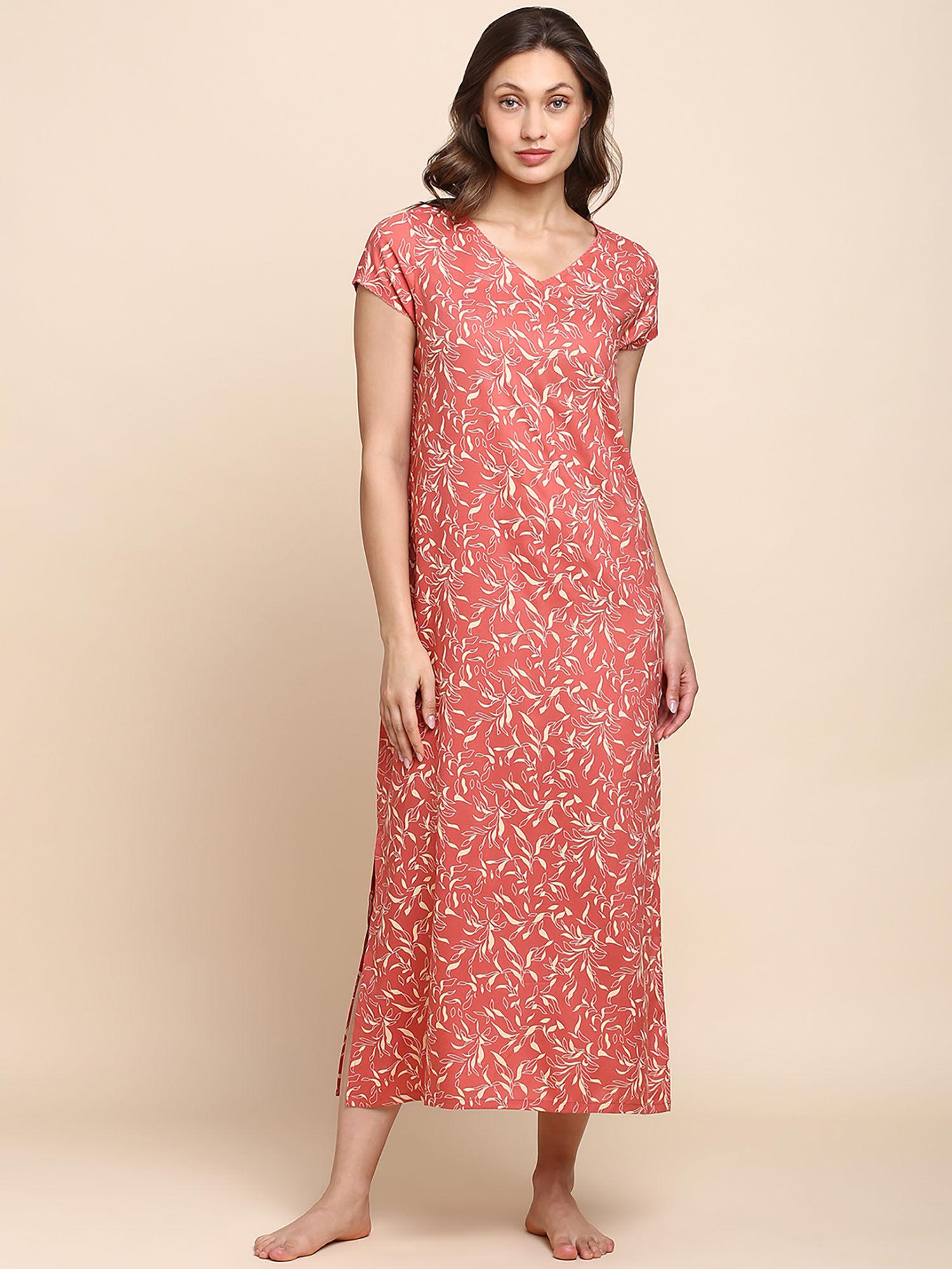 allover print & v-neck night dress - foliage