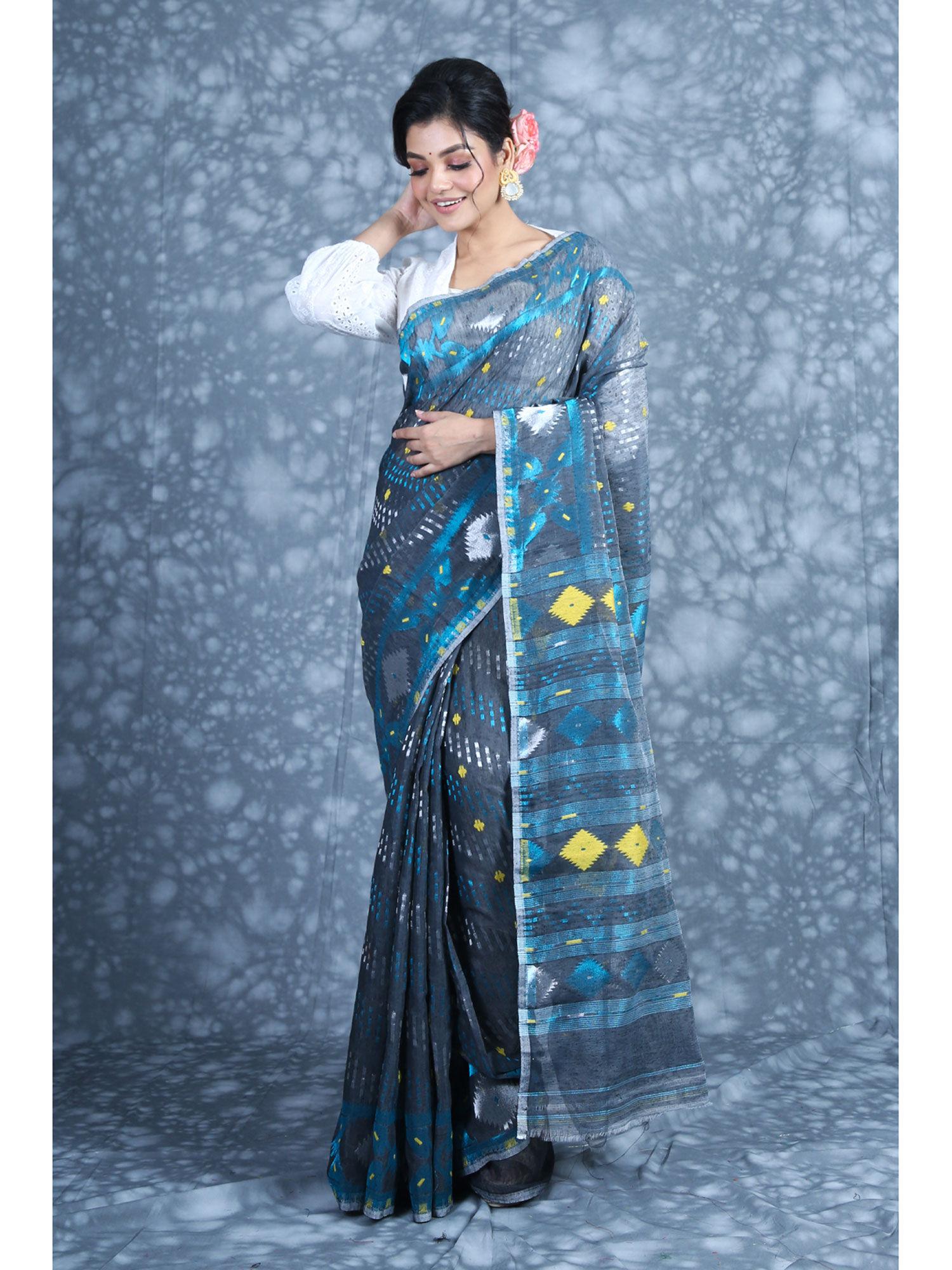 allover zari weaving grey jamdani saree with unstitched blouse