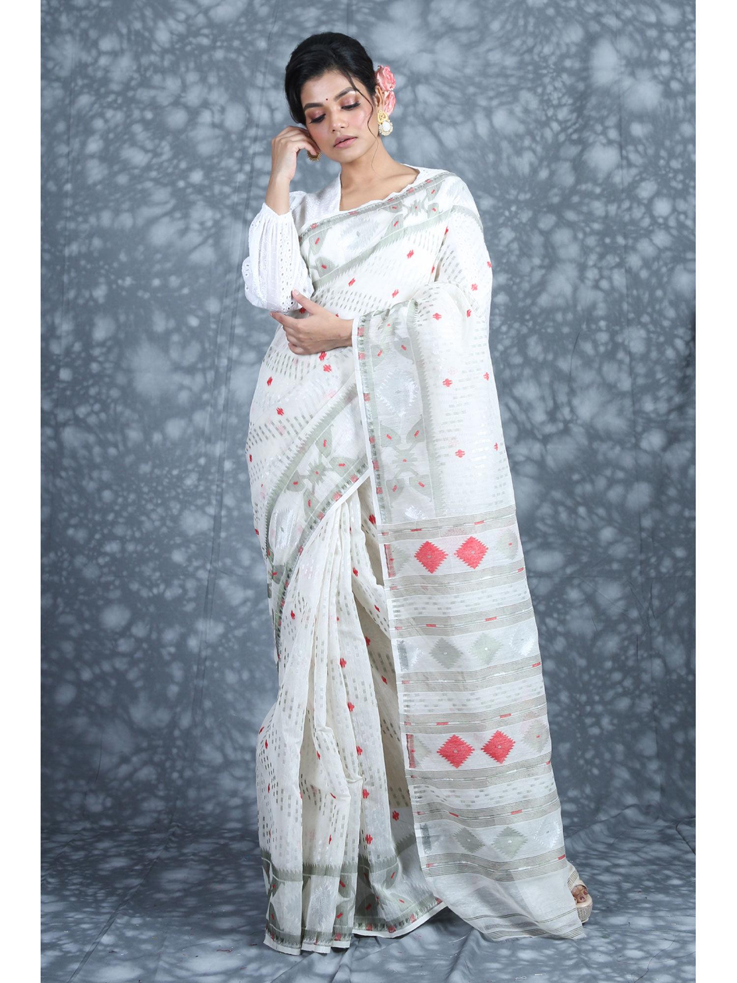 allover zari weaving white jamdani saree with unstitched blouse