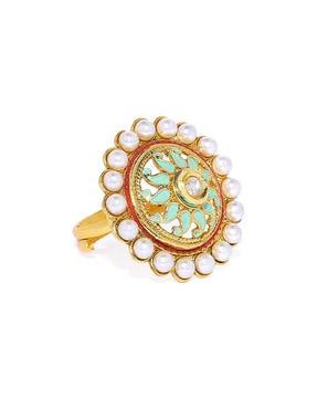 alloy gold-plated pearl & kundan ring